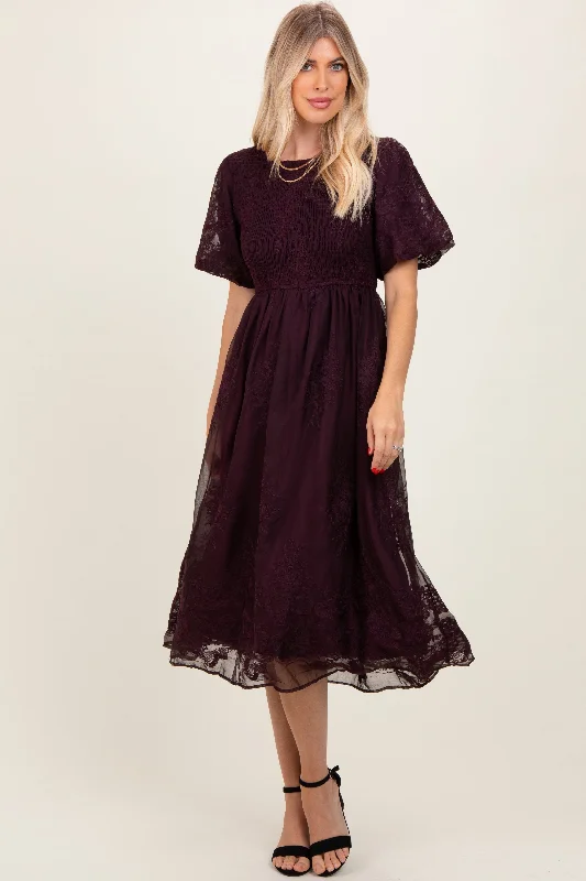 Plum Floral Lace Smocked Midi Dress Stylish High-Waisted Midi Dress