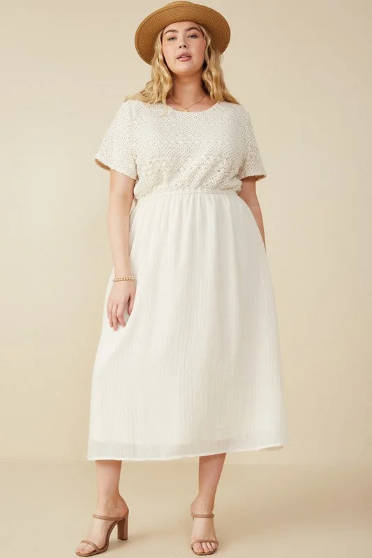 Plus Crochet Mix Media Midi Dress 8553 in Ivory Cozy Spaghetti Strap Midi Dress