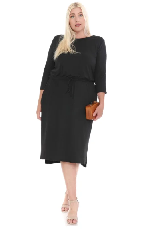 Plus Elastic Waist Midi Dress Style 2058 in Black Elegant Satin Midi Dress