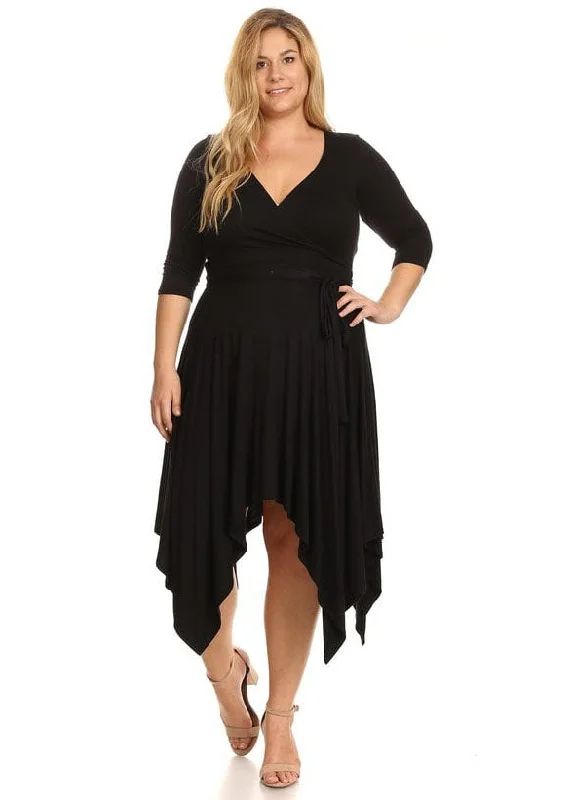 Plus Size women Asymmetric Pleated hem Wrapped Flare Midi Dress 3/4 Sleeves Cozy Midi Dress with Pockets