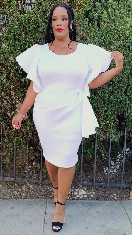 Plus Size Women Ruffle Shoulder Peplum Midi Dress Asymmetric layered hem Trendy Ruffle Hem Midi Dress