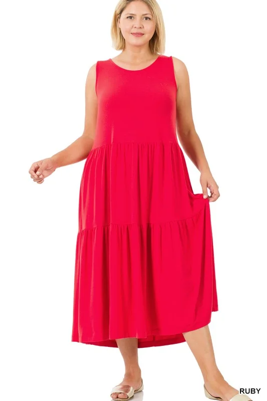 HI Curvy Plus Size Women Sleeveless Tiered Midi Dress Elegant Satin Midi Dress