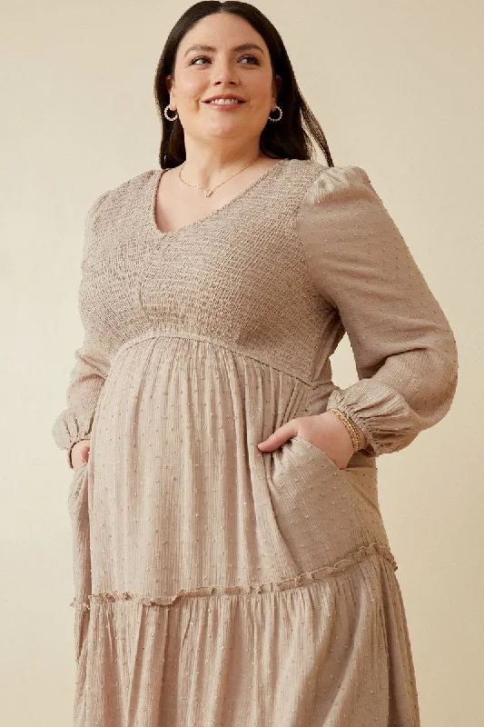 Plus Smocked Bodice Midi Dress Style 5181W in Stone Fashionable Polka Dot Midi Dress