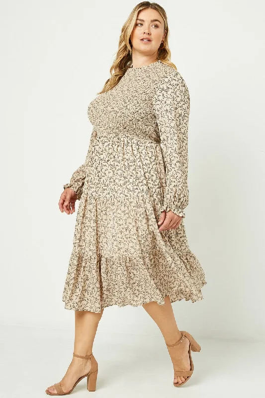 Plus Smocked Ruffle Neck Midi Dress 2075W Stylish Button-Up Midi Dress