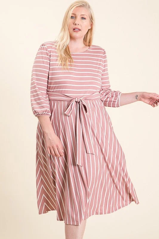 Plus Striped Midi Dress in Navy/Ivory Style 5094X Trendy Flared Sleeve Midi Dress