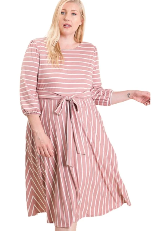 Plus Striped Midi Dress Style 5094X in Mauve/Ivory or Black/Ivory Trendy Off-Shoulder Ruffle Midi Dress