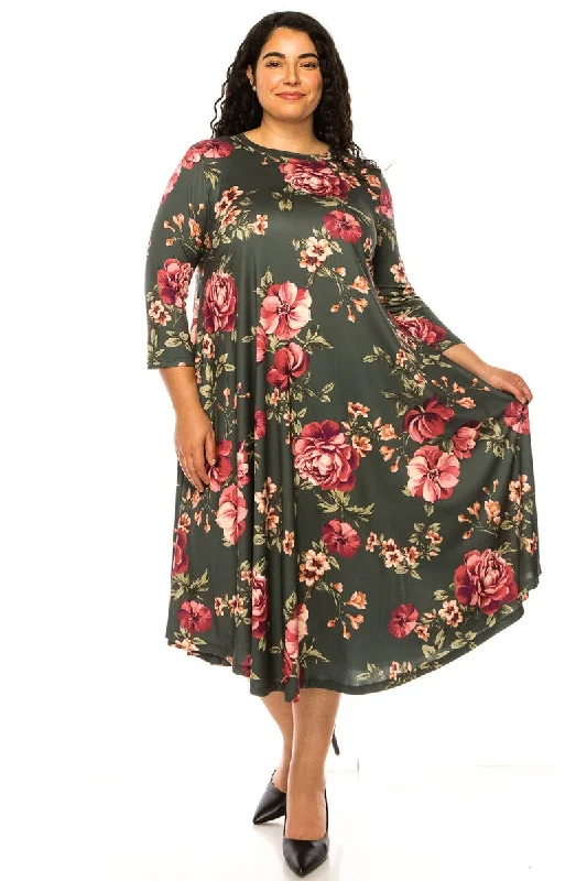 Plus Swing Trapeze Midi Dress Style 2049 in Olive Green Floral Elegant Satin Slip Midi Dress