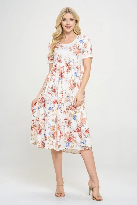 Plus Tiered Midi Dress in Ivory Floral Style 333 Elegant Satin Button Midi Dress