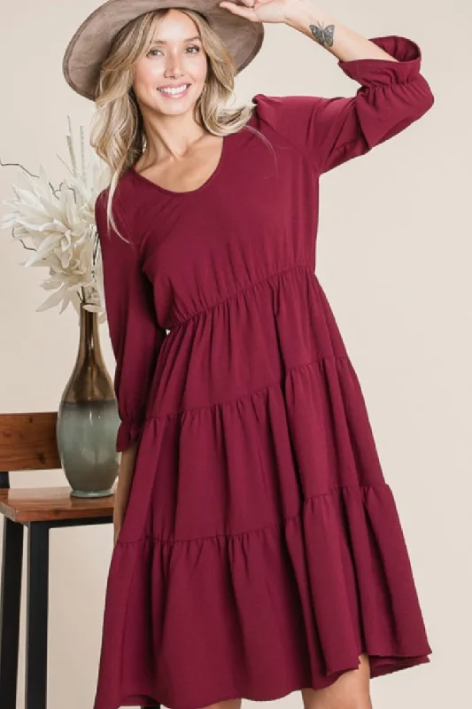 Plus Tiered Midi Dress Style 5865 in Wine Comfortable Ruched Midi Dress