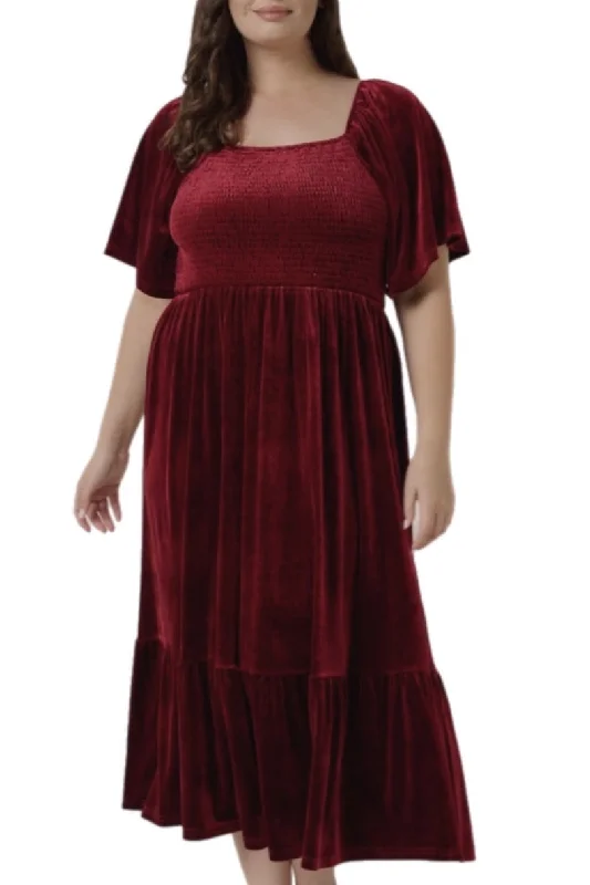 Plus Velvet Midi Dress with Square Neckline Style 42956 in Wine Fashionable Fitted Midi Dress