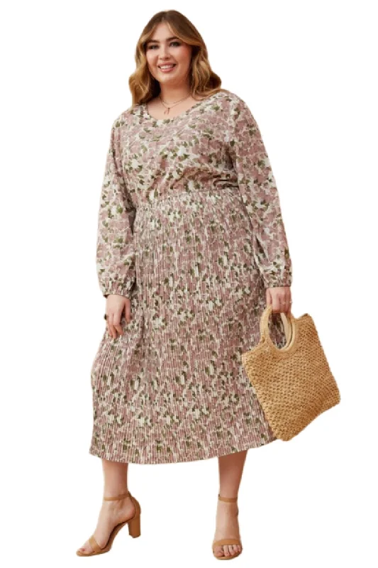 Plus Watercolour Print Pleated Midi Dress Style 5072 Elegant Pleated Sleeve Midi Dress