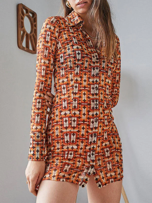BerryBetty - Printed Long Sleeve Shirt Mini Dress Comfortable One-Shoulder Mini Dress