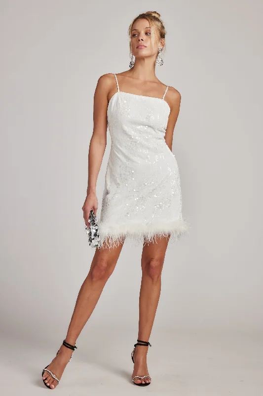 Priscilla Sequin Mini Dress with Feather Trim Elegant Satin Lace Mini Dress