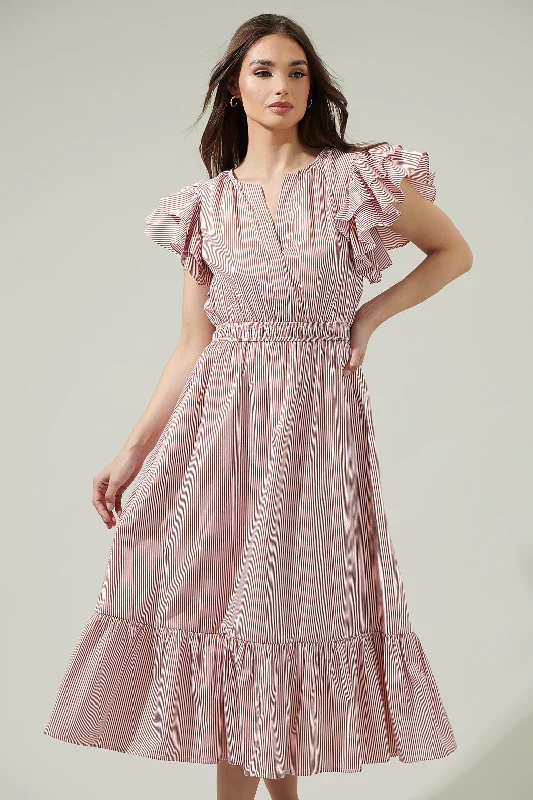 Priscilla Striped Jelina Ruffle Sleeve Midi Dress Cozy A-Line Midi Dress