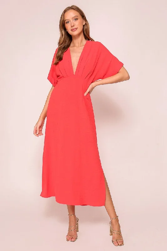 Red Airy Midi Dress Comfortable Deep V Midi Dress