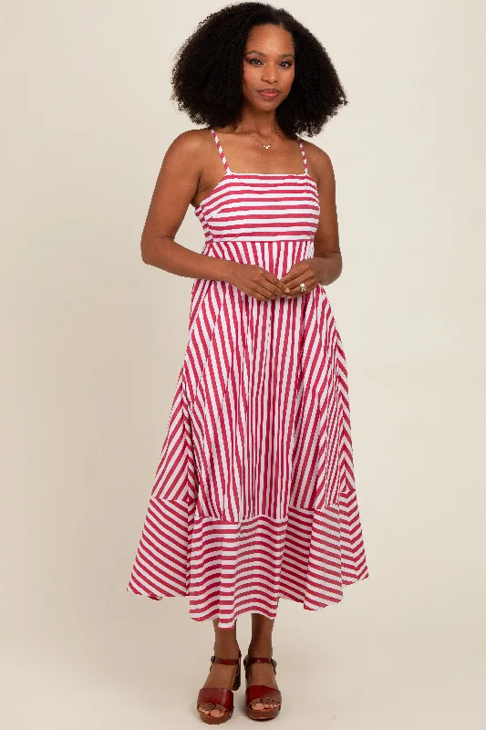 Red Contrast Stripe Midi Dress Trendy Ruffle Hem Midi Dress