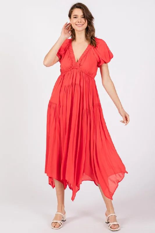 Red Deep V-Neck Puff Short Sleeve Asymmetrical Hem Midi Dress Stylish Silk Midi Dress