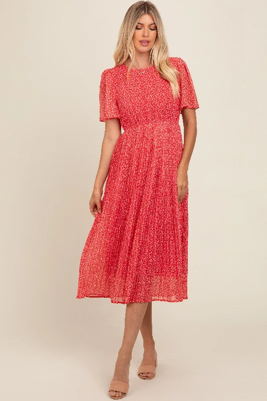 Red Floral Pleated Midi Dress Comfortable Fit-and-Flare Midi Dress