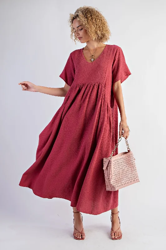 Red Gauze Short Sleeve Midi Dress Fashionable Sheer Sleeve Midi Dress