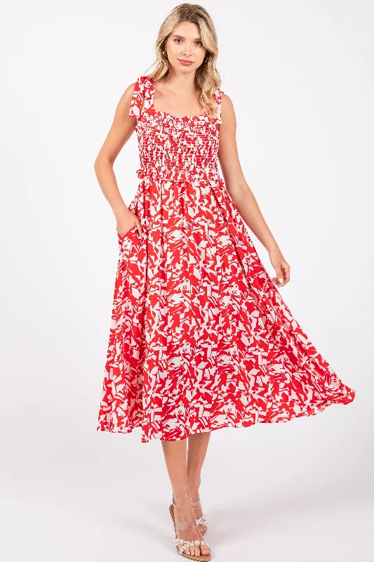 Red Printed Smocked Shoulder Tie Midi Dress Elegant Puff Sleeve Midi Dress