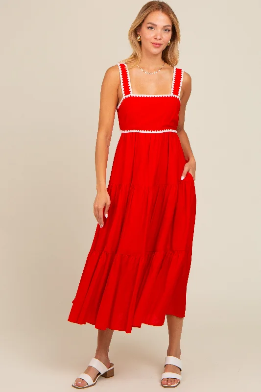 Red Scallop Trim Tiered Midi Dress Comfortable Draped Midi Dress