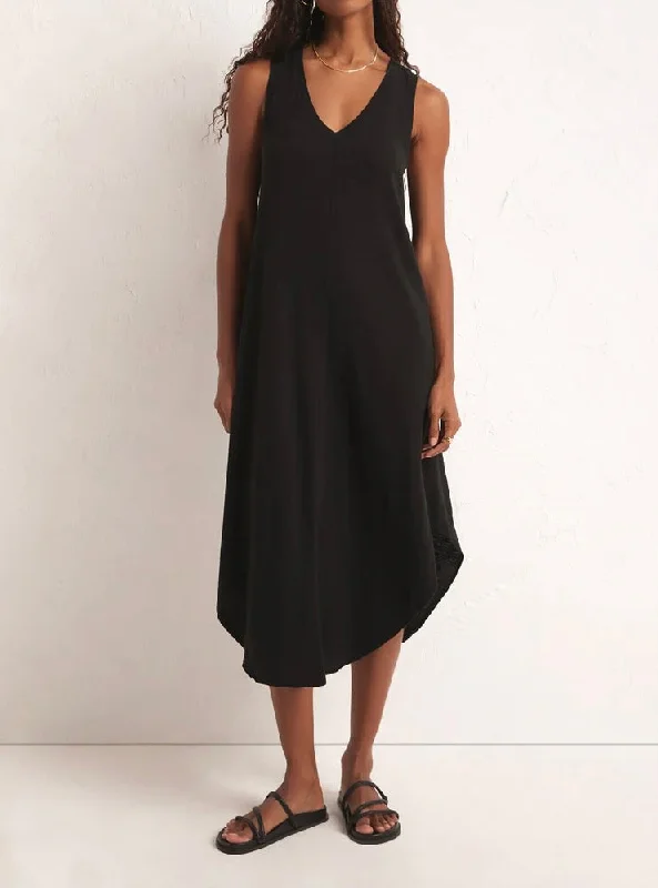 Reverie Slub Midi Dress - Black Trendy Smocked Detail Midi Dress