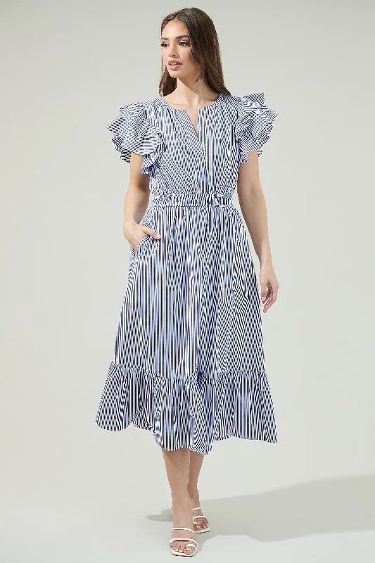 Reynaga Striped Jelina Ruffle Sleeve Midi Dress Elegant Pleated Detail Midi Dress