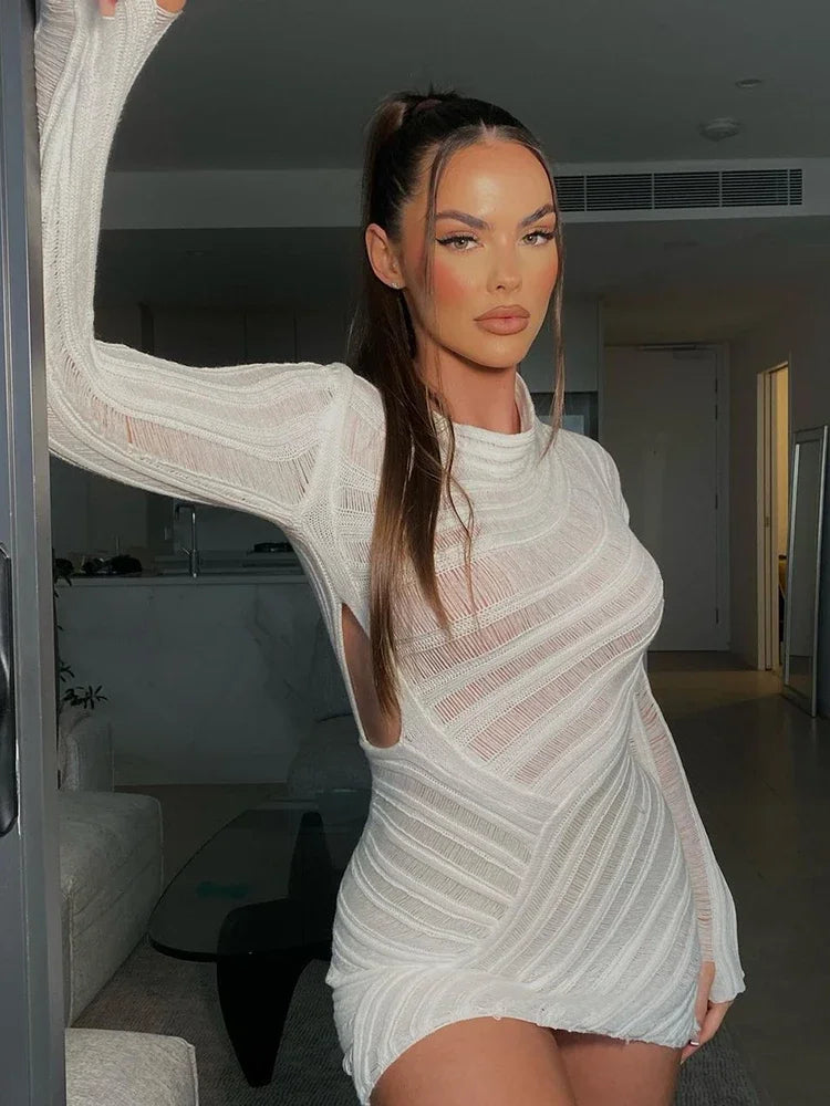 Rib Knitted Hollow Out Long Sleeve Bodycon Sexy See Through Party Mini Dress Chic Tropical Mini Dress