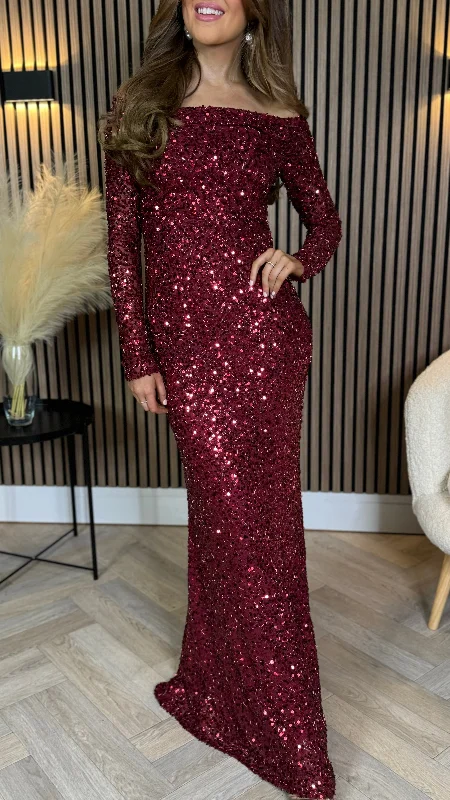 Rio Red Sequin Detail Off Shoulder Long Sleeve Maxi Dress Fashionable Maxi Dress with Fringe