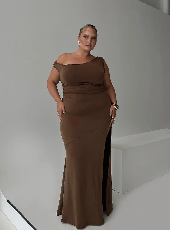 Rios One Shoulder Maxi Dress Brown Curve Stylish Longline Maxi Dress
