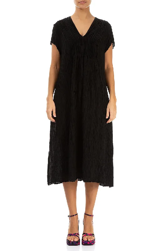 Romantic Crinkled Black Silk Midi Dress Comfortable Denim Midi Dress