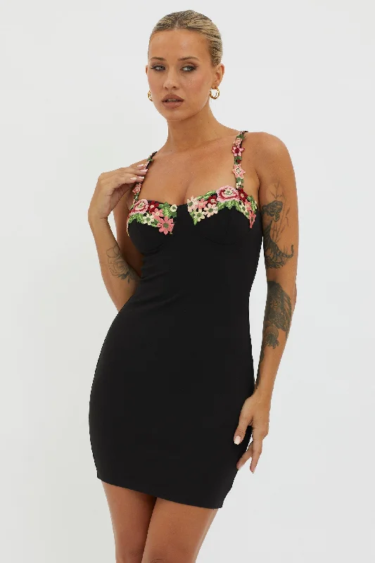 Rose Garden Floral Applique Bodycon Mini Dress Black Comfortable Boho Mini Dress