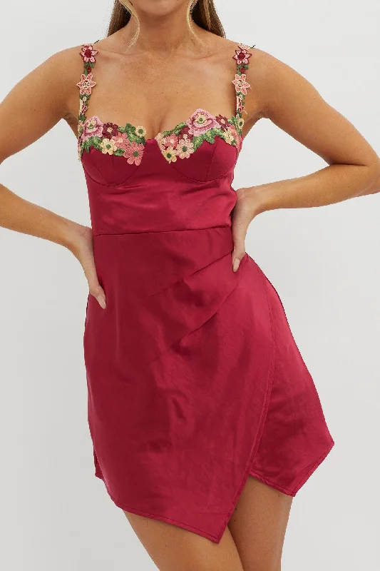 Rose Garden Floral Applique Wrap Mini Dress Merlot Cozy Satin Mini Dress