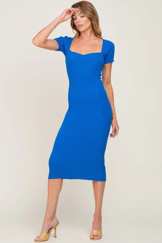 Royal Blue Ribbed Midi Dress Cozy Spaghetti Strap Midi Dress