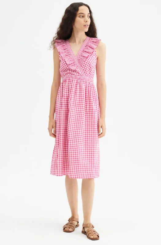 Ruffled Gingham Midi Dress Stylish Midi Dress with Cuffs