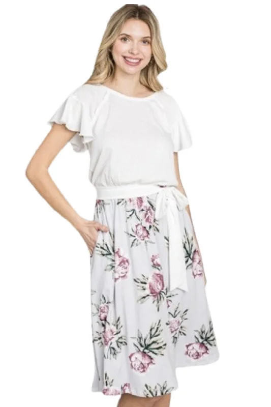 Ruffled Midi Dress Style 4029 in Silver Floral Comfortable Ribbed Midi Dress