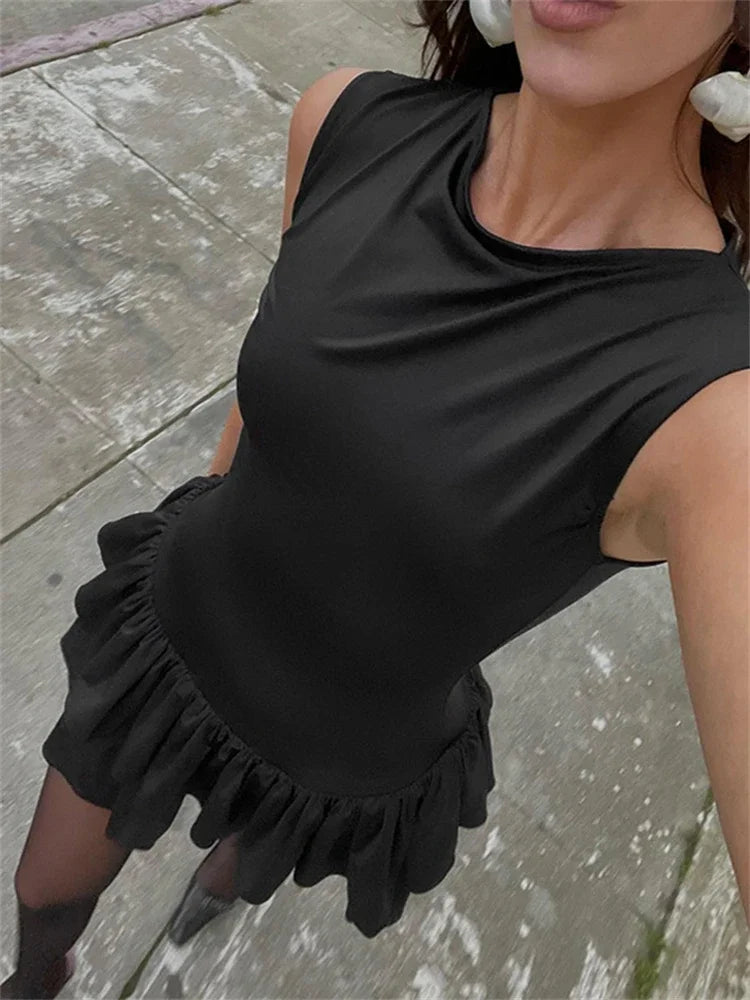 Ruffles Splice Sexy Vest Sleeveless Slim Fit Solid Club Party Mini Dress Modern Satin Mini Dress