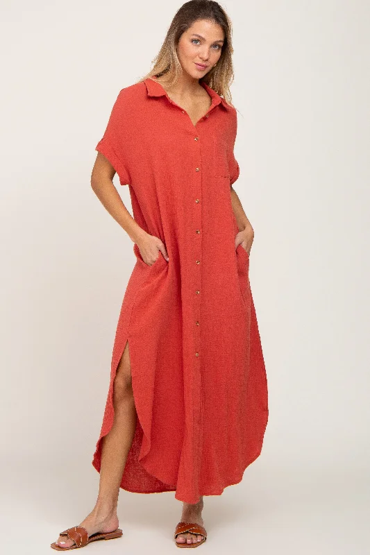 Rust Button Down Midi Dress Comfortable Ruched Midi Dress