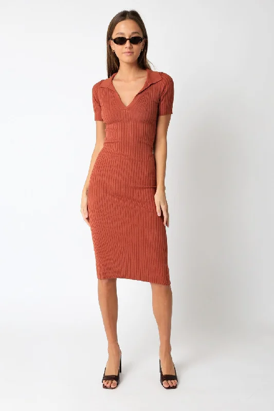 Rust Ribbed Collared V-Neck Midi Dress Stylish Tiered Midi Dress