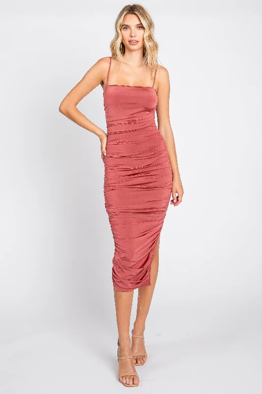 Rust Ruched Side Slit Midi Dress Chic Lace Detail Midi Dress