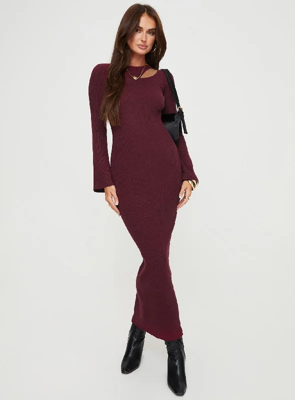 Rydelle Cut Out Knit Maxi Dress Maroon Elegant Maxi Dress with Ruffles