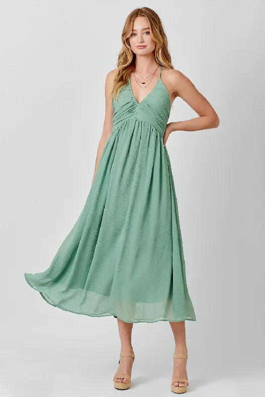 Sage Ruched V-Neck Midi Dress Trendy Square Neck Midi Dress