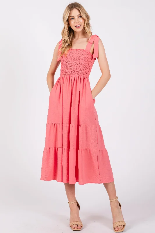 Salmon Smocked Tie Strap Tiered Midi Dress Elegant Puff Sleeve Midi Dress