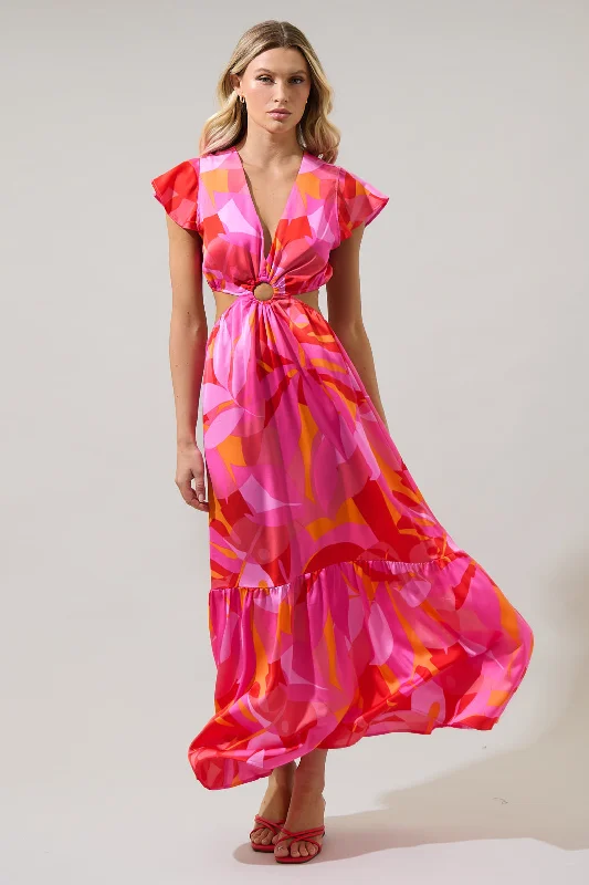 Sangria Abstract O-Ring Cut Out Midi Dress Trendy Square Neck Midi Dress