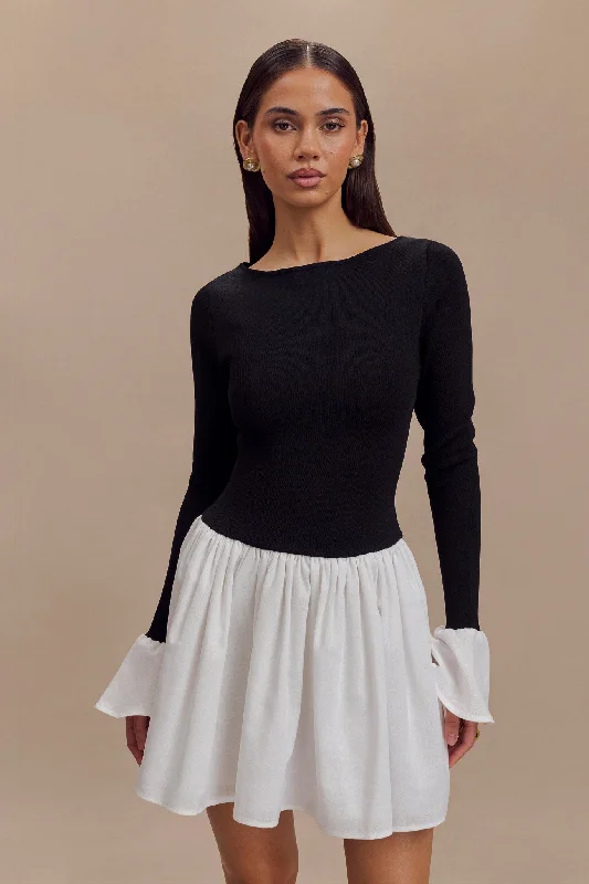 Sansa Knit And Linen Mini Dress - Black & White Cozy A-Line Mini Dress