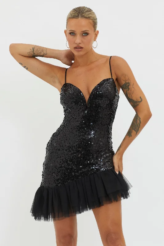 Sassafras Tulle Hem Sequin Mini Dress Black Fashionable A-Line Mini Dress