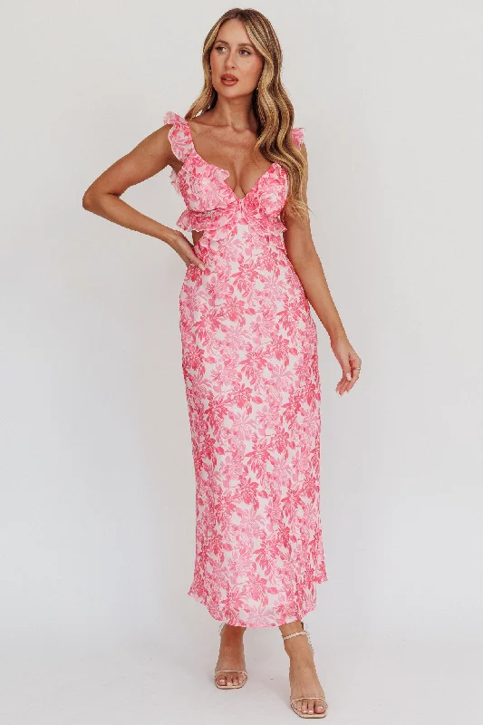 Second Chances Ruffle Trim Maxi Dress Floral Pink Chic Button-Up Maxi Dress