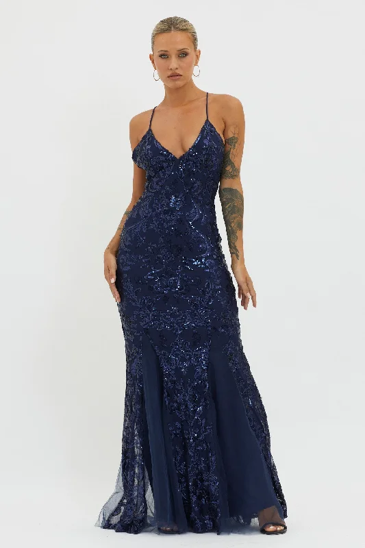 Serenade Song Godet Hem Sequin Maxi Dress Navy Stylish Maxi Dress with Frills