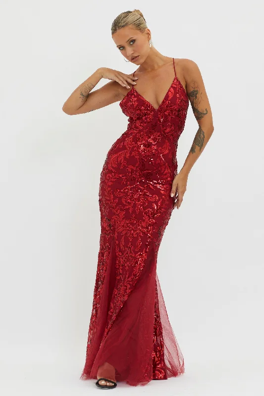 Serenade Song Godet Hem Sequin Maxi Dress Red Comfortable Maxi Dress with Sleeves