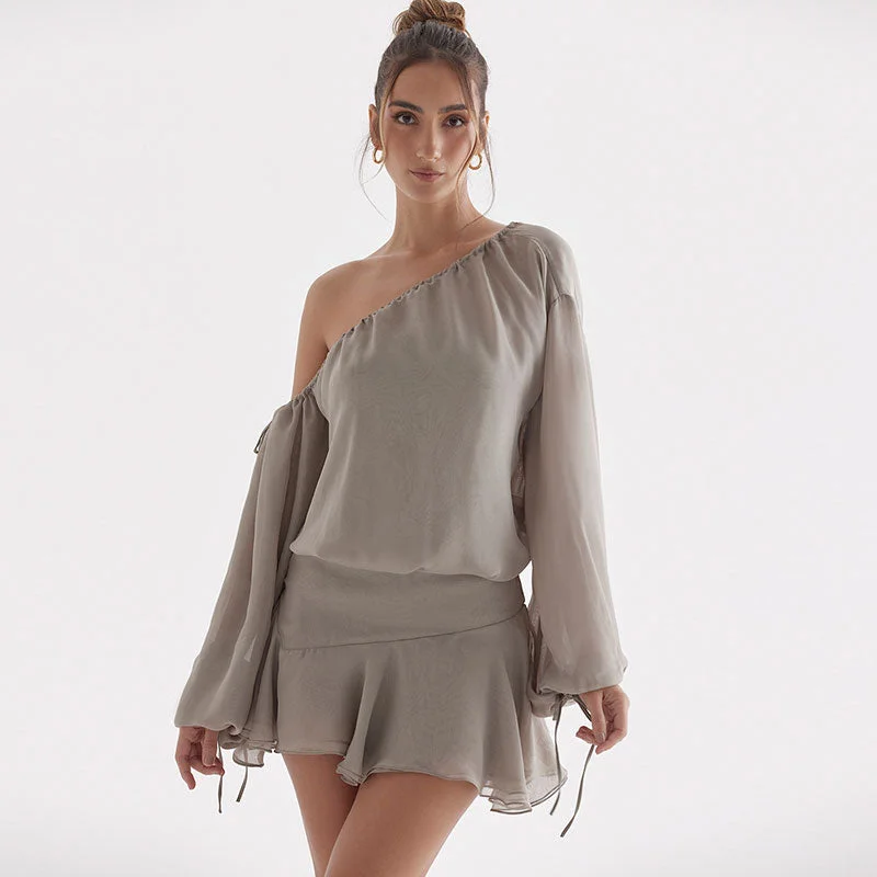 BerryBetty - Chiffon Ruffle Hem Bishop Sleeve One Shoulder Mini Dress - Gray Stylish Ruffle Mini Dress